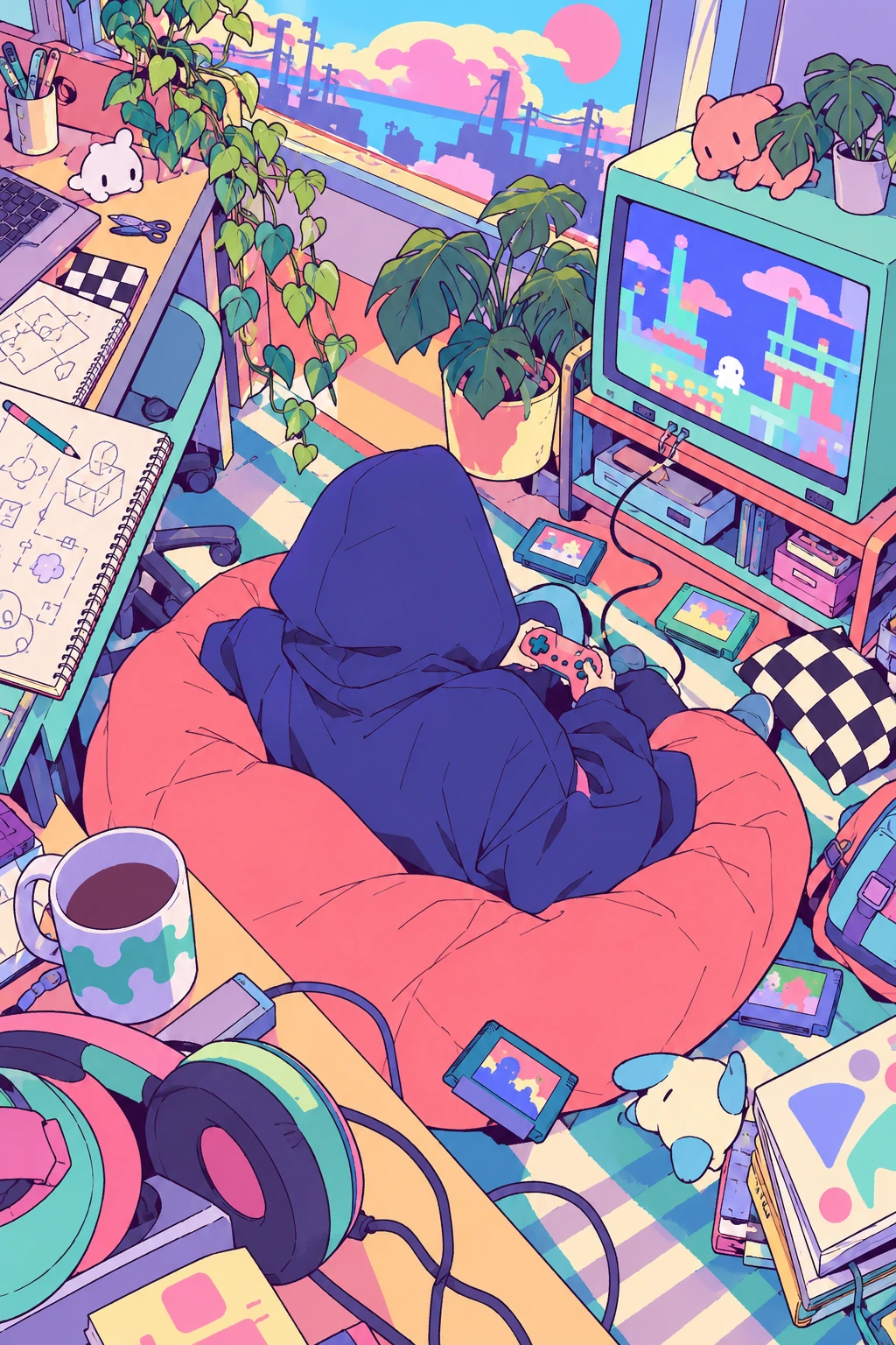 揺れのある手描き線と平らな色面で描いたゲームの部屋。顔の見えない後ろ姿の人物と、ゲーム機、本、植物、ケーブル。